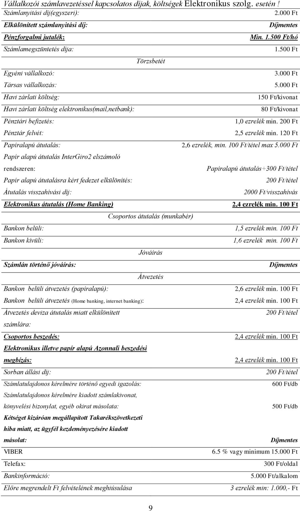 Pénztári befizetés: Pénztár felvét: Papíralapú átutalás: Papír alapú átutalás InterGiro2 elszámoló rendszeren: Papír alapú átutalásra kért fedezet elkülönítés: Átutalás visszahívási díj: Elektronikus