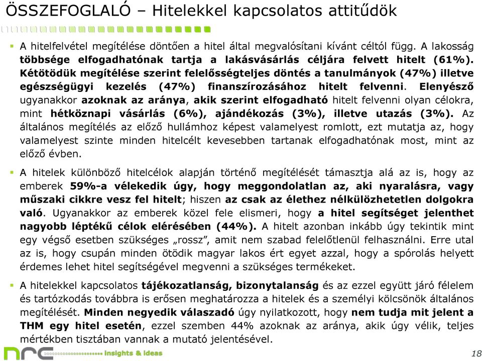 Kétötödük megítélése szerint felelősségteljes döntés a tanulmányok (4%) illetve egészségügyi kezelés (4%) finanszírozásához hitelt felvenni.