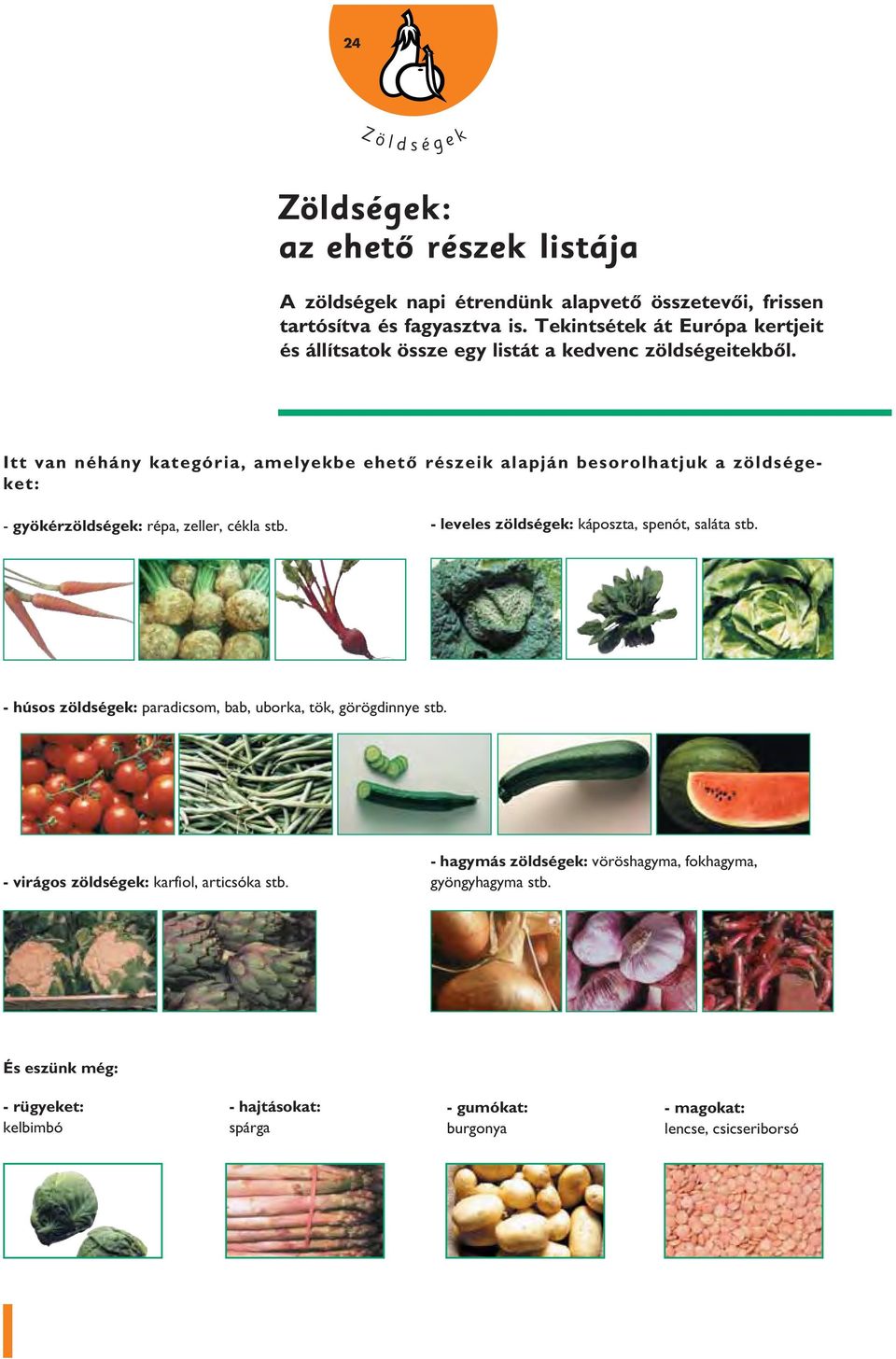 Itt van néhány kategória, amelyekbe ehetô részeik alapján besorolhatjuk a zöldségeket: - gyökérzöldségek: répa, zeller, cékla stb.