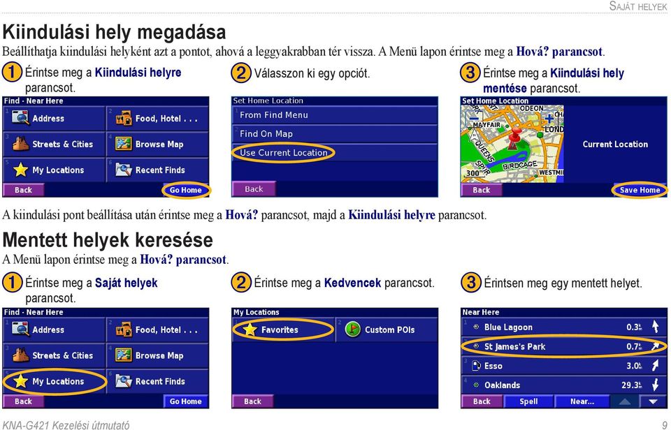 Saját helyek A kiindulási pont beállítása után érintse meg a Hová? parancsot, majd a Kiindulási helyre parancsot.