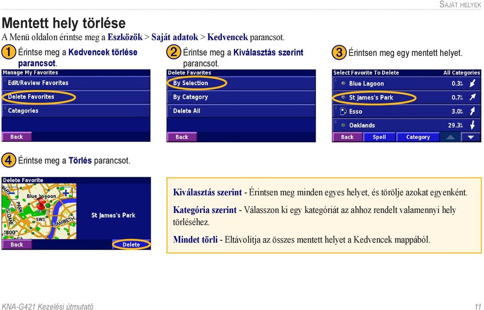Saját helyek ➌ Érintsen meg egy mentett helyet. ➍ Érintse meg a Törlés parancsot.