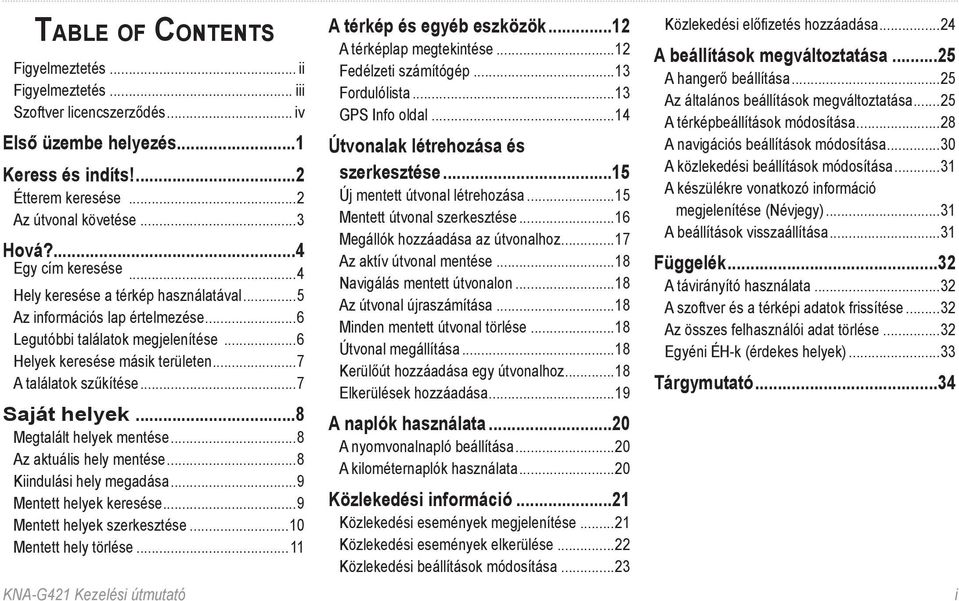 ..7 Saját helyek...8 Megtalált helyek mentése...8 Az aktuális hely mentése...8 Kiindulási hely megadása...9 Mentett helyek keresése...9 Mentett helyek szerkesztése...10 Mentett hely törlése.