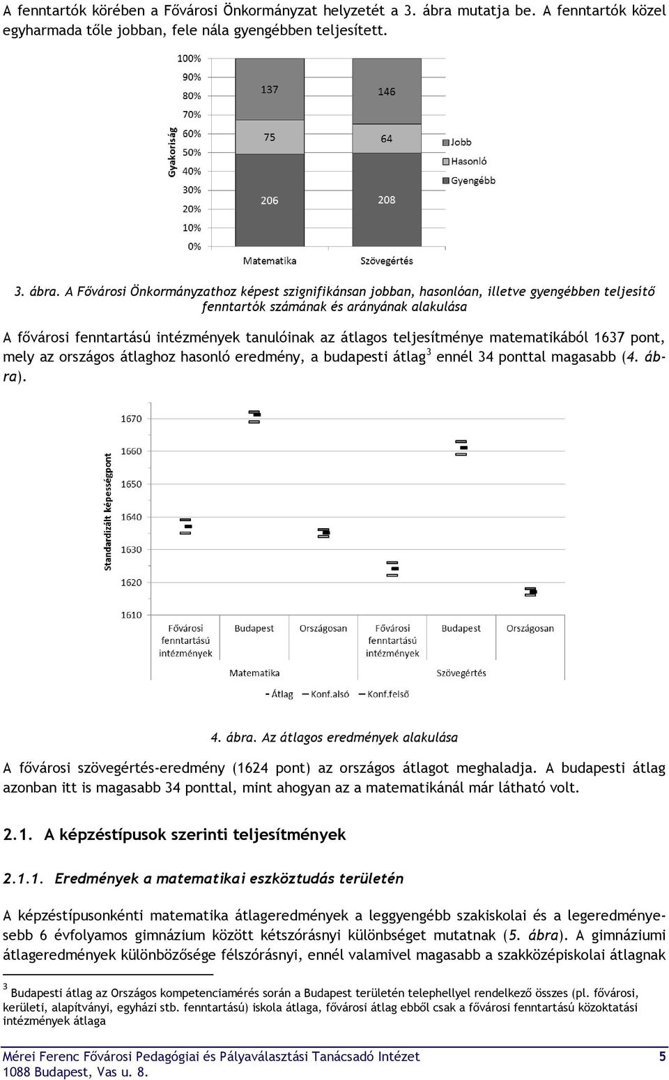 A Fővárosi Önkormányzathoz képest szignifikánsan jobban, hasonlóan, illetve gyengébben teljesítő fenntartók számának és arányának alakulása A fővárosi fenntartású intézmények tanulóinak az átlagos
