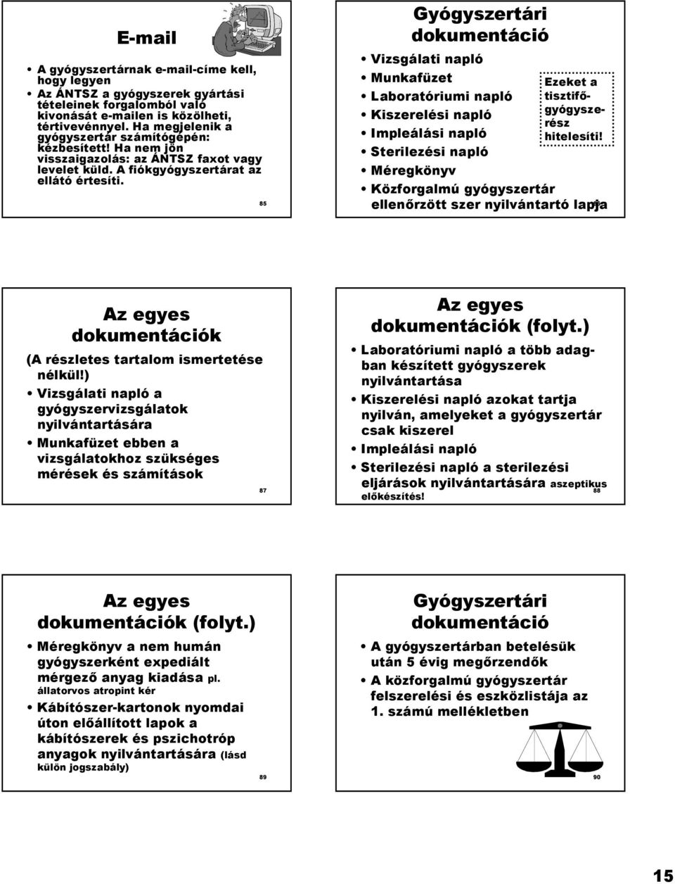 85 Gyógyszertári dokumentáció Vizsgálati napló Munkafüzet Laboratóriumi napló Kiszerelési napló Impleálási napló Sterilezési napló Méregkönyv Közforgalmú gyógyszertár Ezeket a tisztif - gyógyszerész