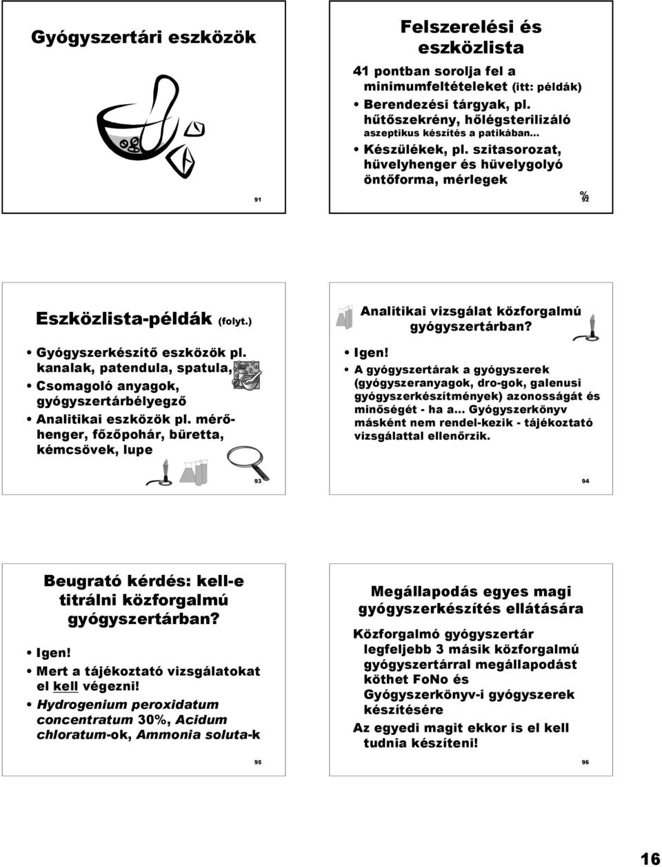 ) Gyógyszerkészít eszközök pl. kanalak, patendula, spatula, Csomagoló anyagok, gyógyszertárbélyegz Analitikai eszközök pl.