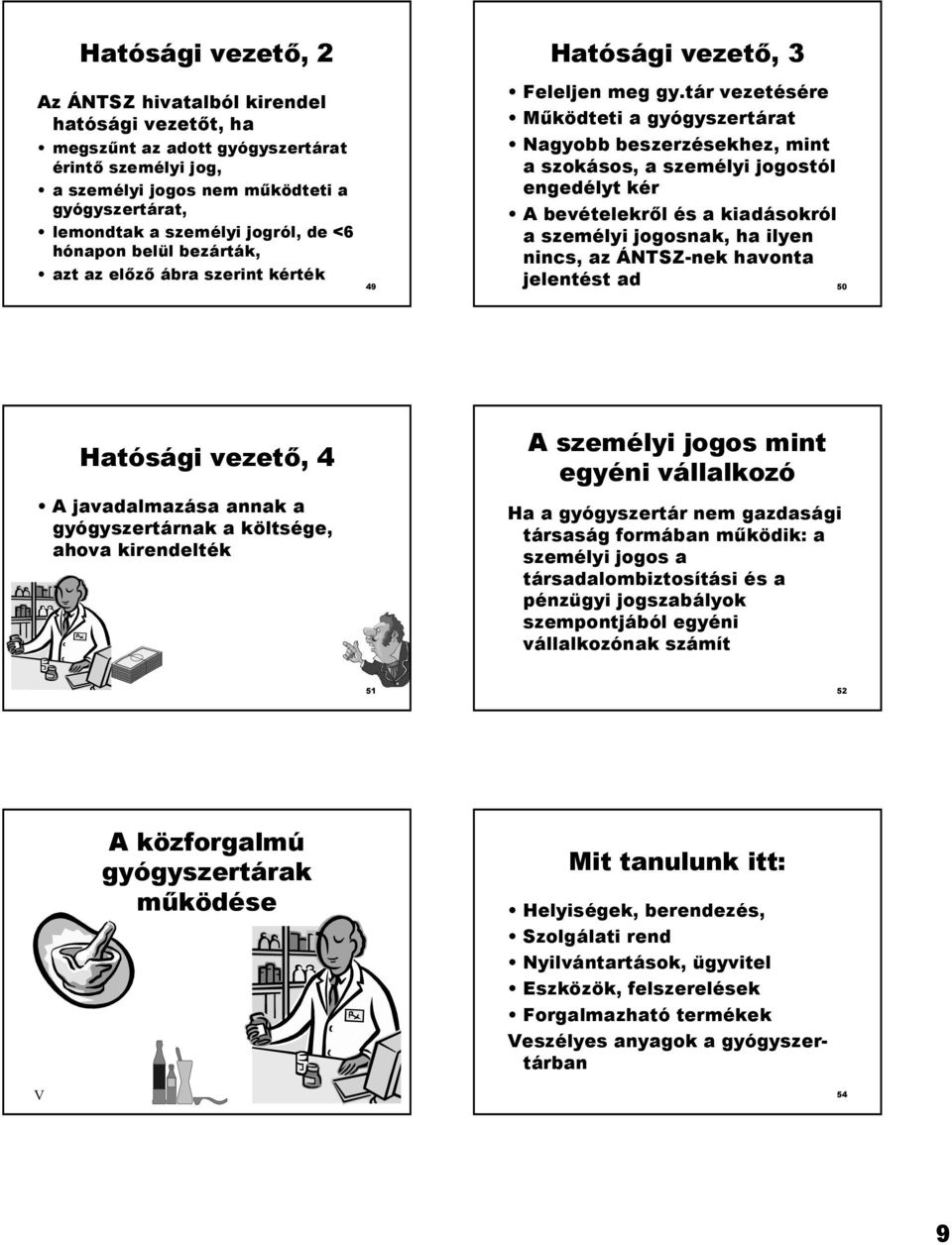 tár vezetésére M@ködteti a gyógyszertárat Nagyobb beszerzésekhez, mint a szokásos, a személyi jogostól engedélyt kér A bevételekr l és a kiadásokról a személyi jogosnak, ha ilyen nincs, az ÁNTSZ-nek