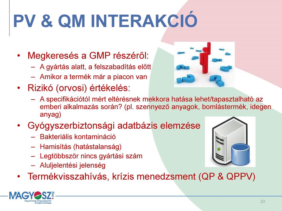 (pl. szennyező anyagok, bomlástermék, idegen anyag) Gyógyszerbiztonsági adatbázis elemzése Bakteriális kontamináció