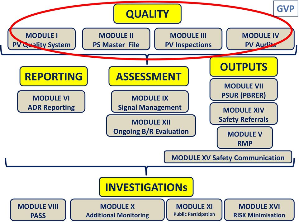 OUTPUTS MODULE VII PSUR (PBRER) MODULE XIV Safety Referrals MODULE V RMP MODULE XV Safety Communication