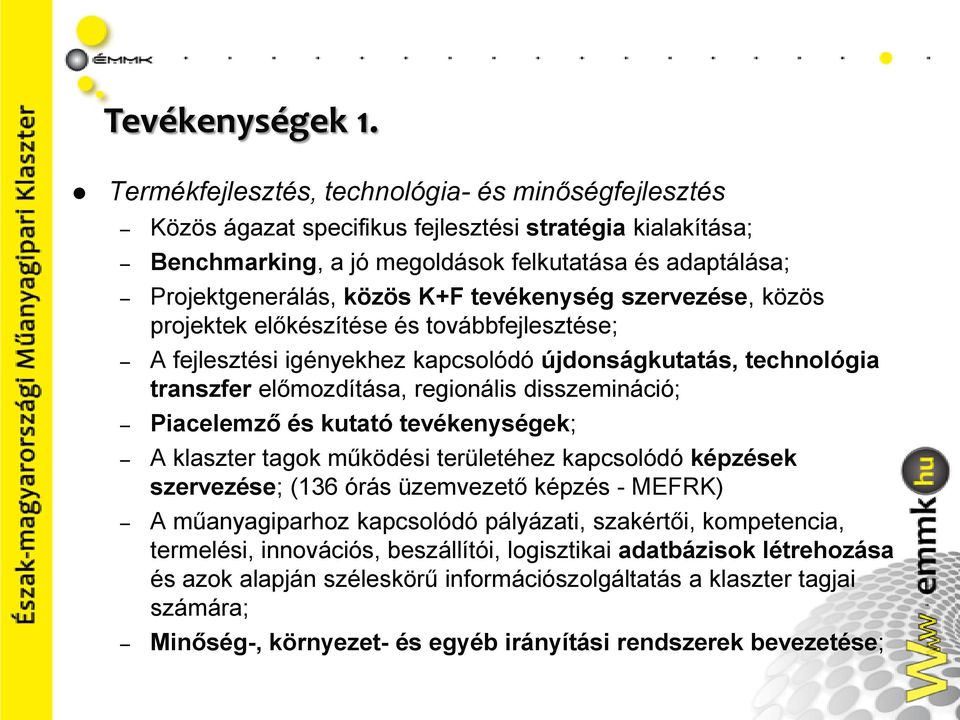 tevékenység szervezése, közös projektek előkészítése és továbbfejlesztése; A fejlesztési igényekhez kapcsolódó újdonságkutatás, technológia transzfer előmozdítása, regionális disszemináció;