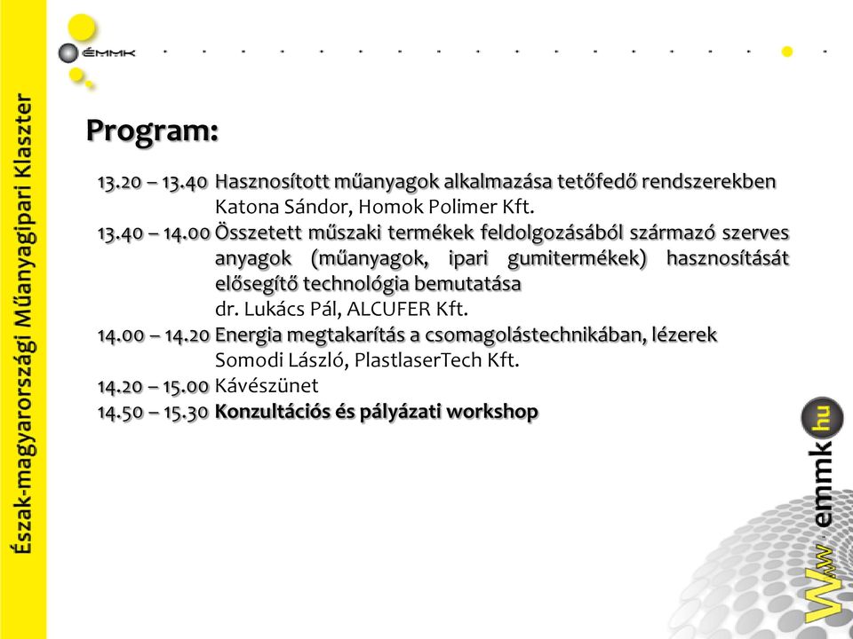 elősegítő technológia bemutatása dr. Lukács Pál, ALCUFER Kft. 14.00 14.