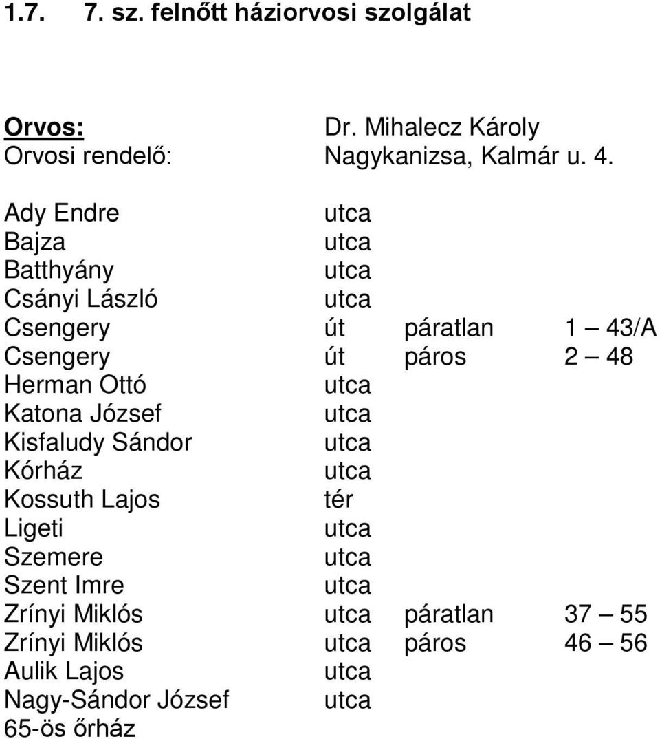 Ady Endre Bajza Batthyány Csányi László Csengery páratlan 1 43/A Csengery páros 2 48 Herman