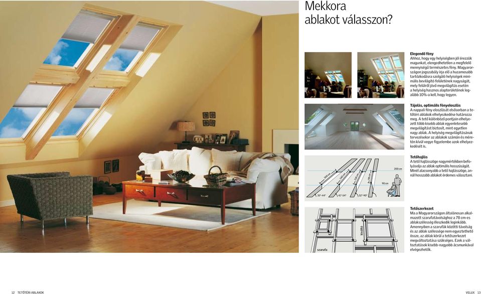 legalább 10%-a kell, hogy legyen. Tájolás, optimális fényeloszlás A nappali fény eloszlását elsősorban a tetőtéri ablakok elhelyezkedése határozza meg.