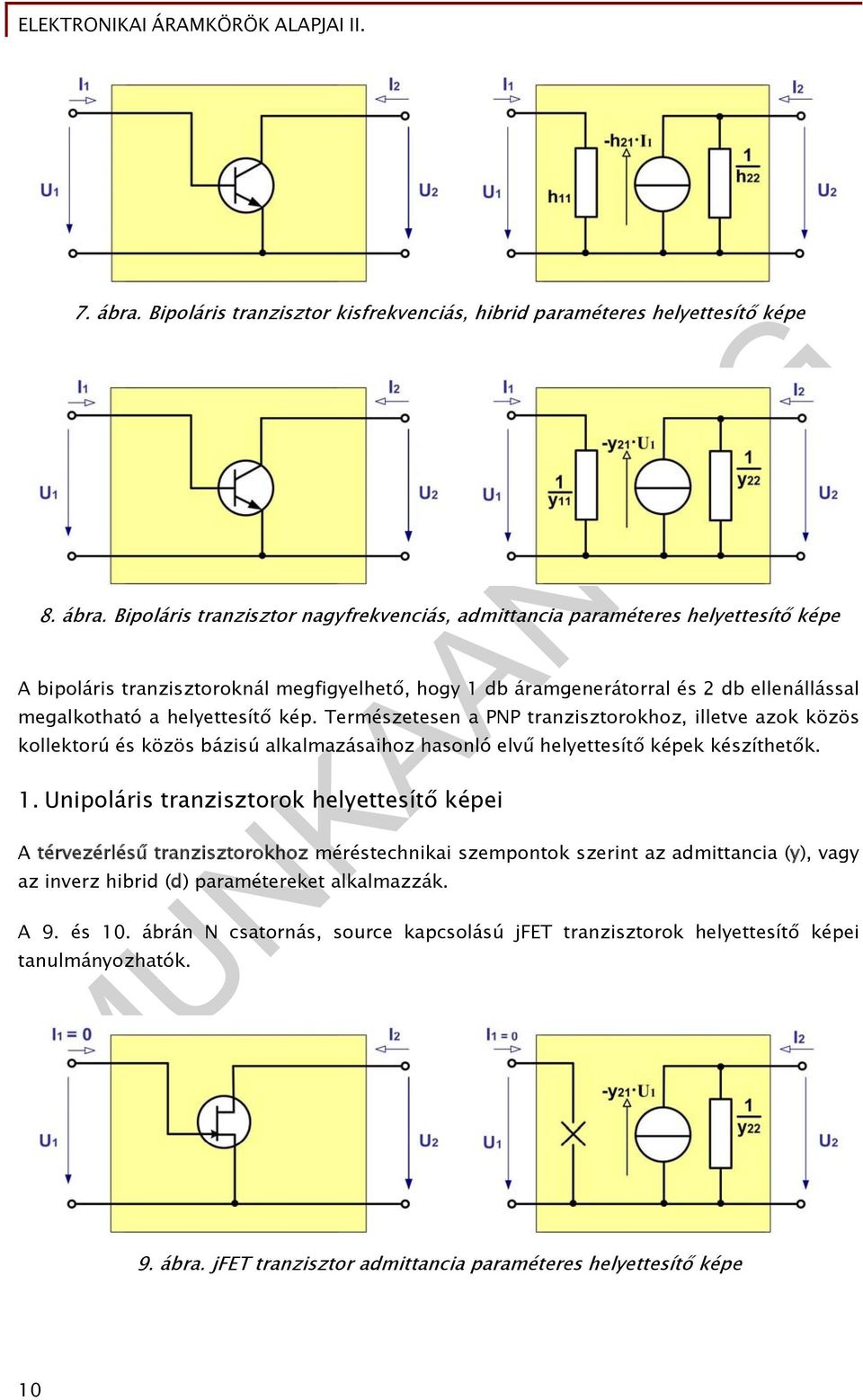 Bipoláris tranzisztor nagyfrekvenciás, admittancia paraméteres helyettesítő képe A bipoláris tranzisztoroknál megfigyelhető, hogy db áramgenerátorral és 2 db ellenállással megalkotható a helyettesítő
