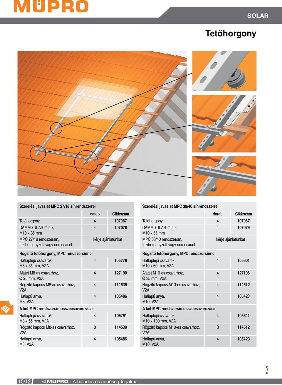 tetőhorgony, MPC rendszersínnel Hatlapfejű csavarok M8 x 35 mm, 105778 Hatlapfejű csavarok M10 x 60 mm, 105601 Alátét M8-as csavarhoz, Ø 25 mm, Rögzítő kapocs M8-as csavarhoz, Hatlapú anya, M8,