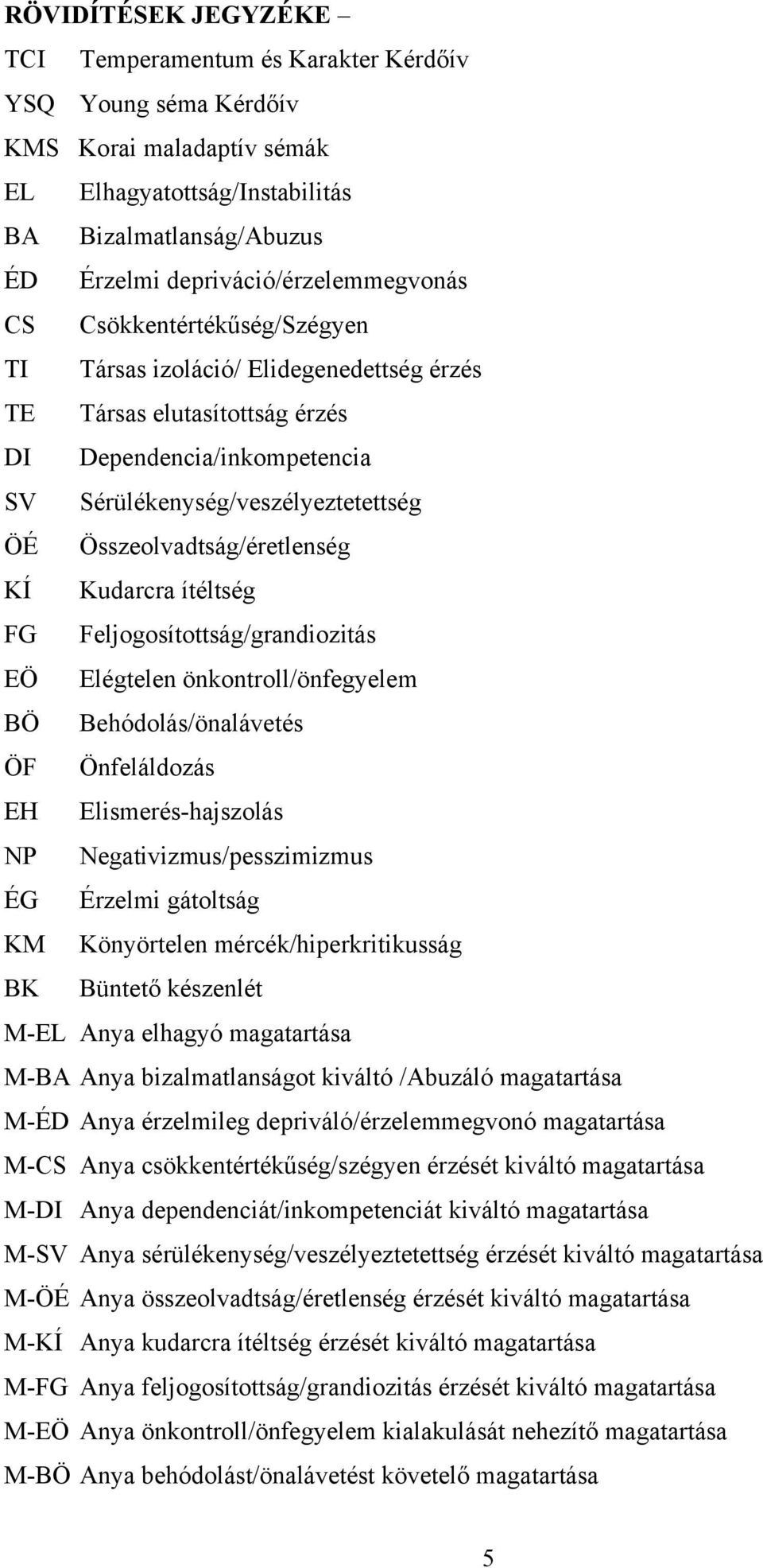 Összeolvadtság/éretlenség KÍ Kudarcra ítéltség FG Feljogosítottság/grandiozitás EÖ Elégtelen önkontroll/önfegyelem BÖ Behódolás/önalávetés ÖF Önfeláldozás EH Elismerés-hajszolás NP