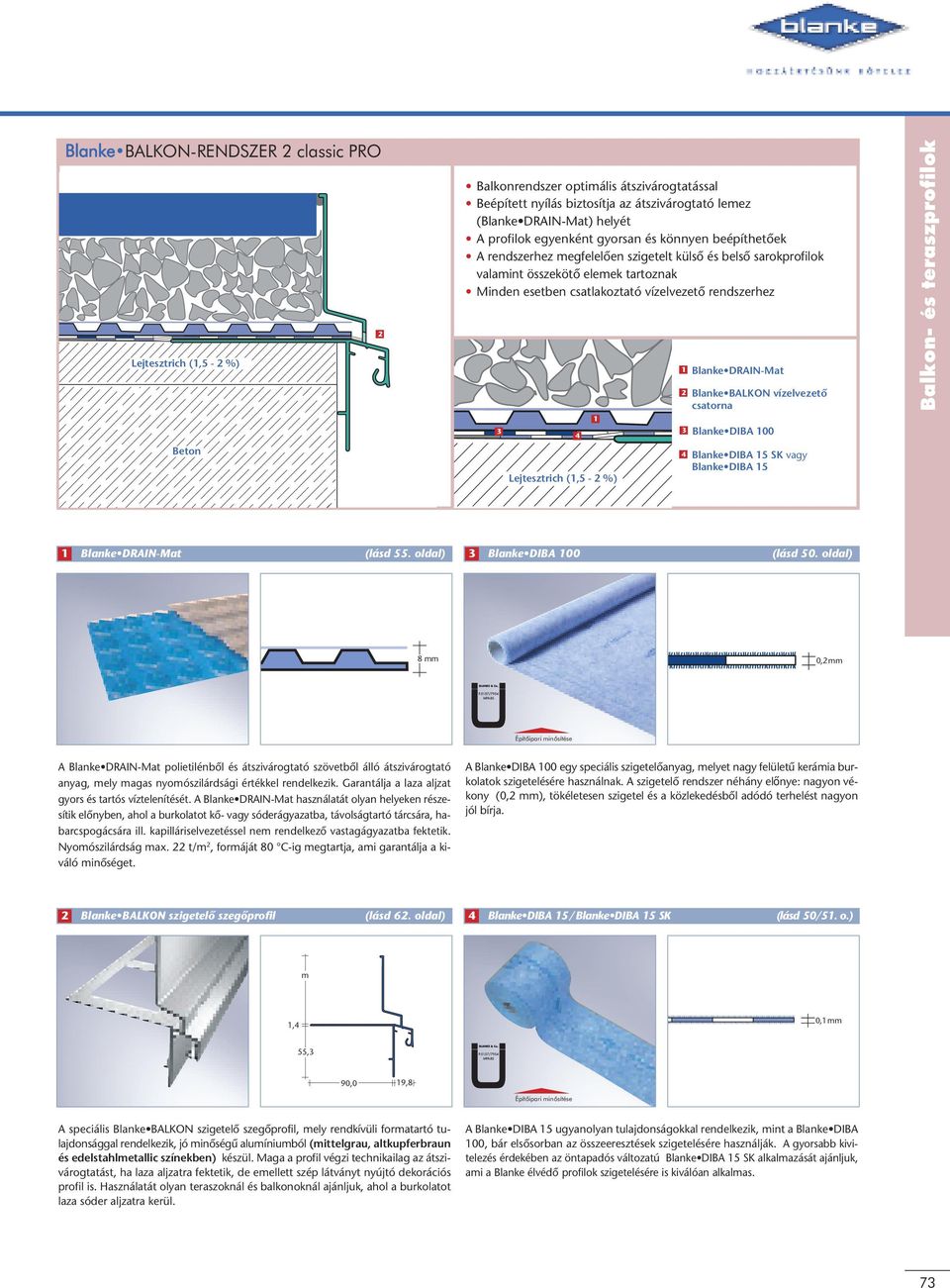 Lejtesztrich (,5 - %) Blanke DRAIN-Mat Blanke BALKON vízelvezetô csatorna 3 Blanke DIBA 00 Blanke DIBA 5 SK vagy Blanke DIBA 5 Blanke DRAIN-Mat (lásd 55. oldal) 3 Blanke DIBA 00 (lásd 50.
