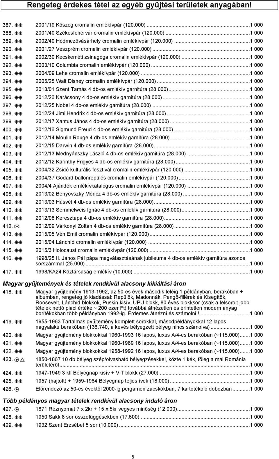 2003/10 Columbia cromalin emlékívpár (120.000)...1 000 393. 2004/09 Lehe cromalin emlékívpár (120.000)...1 000 394. 2005/25 Walt Disney cromalin emlékívpár (120.000)...1 000 395.