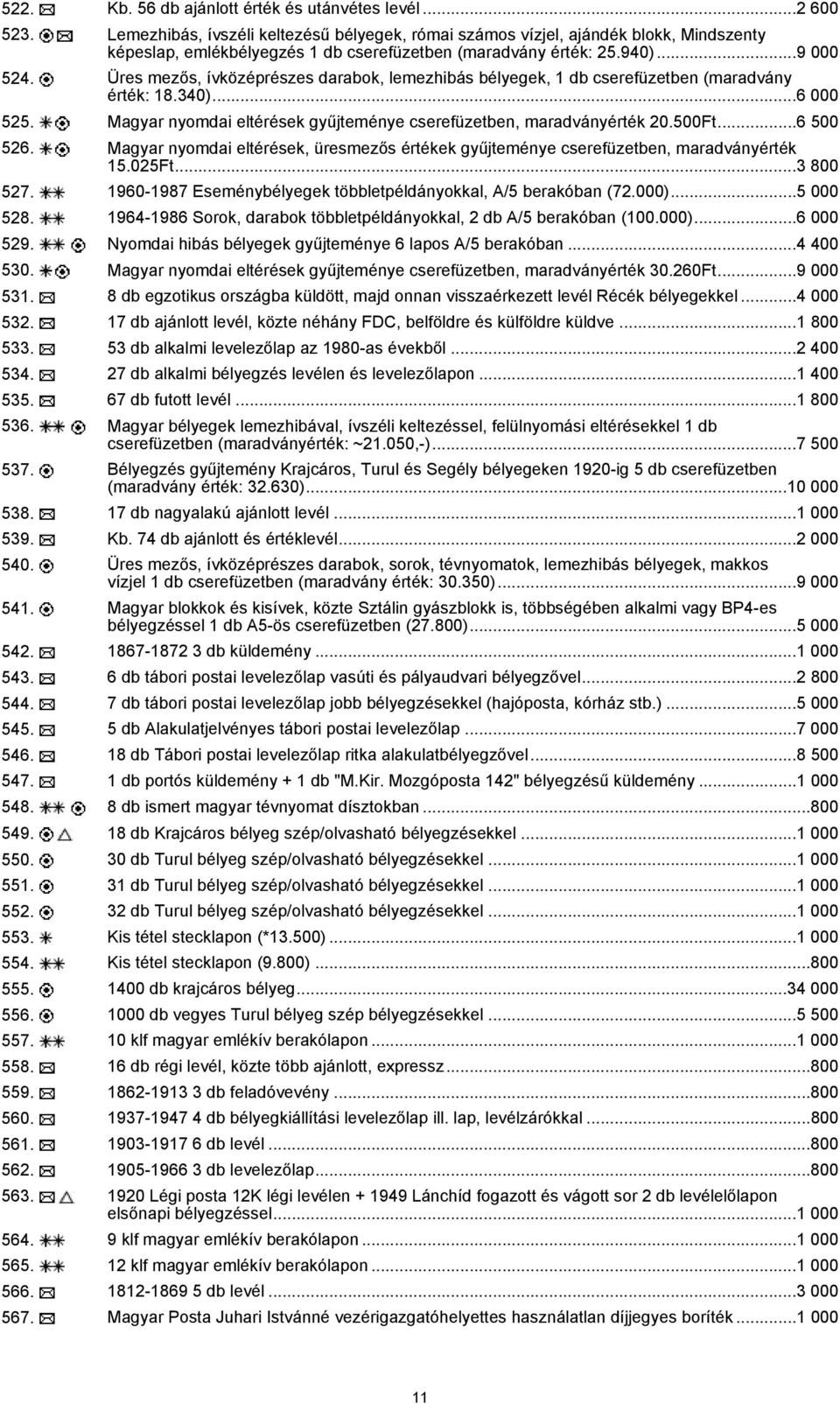 Üres mezős, ívközéprészes darabok, lemezhibás bélyegek, 1 db cserefüzetben (maradvány érték: 18.340)...6 000 525. Magyar nyomdai eltérések gyűjteménye cserefüzetben, maradványérték 20.500Ft...6 500 526.