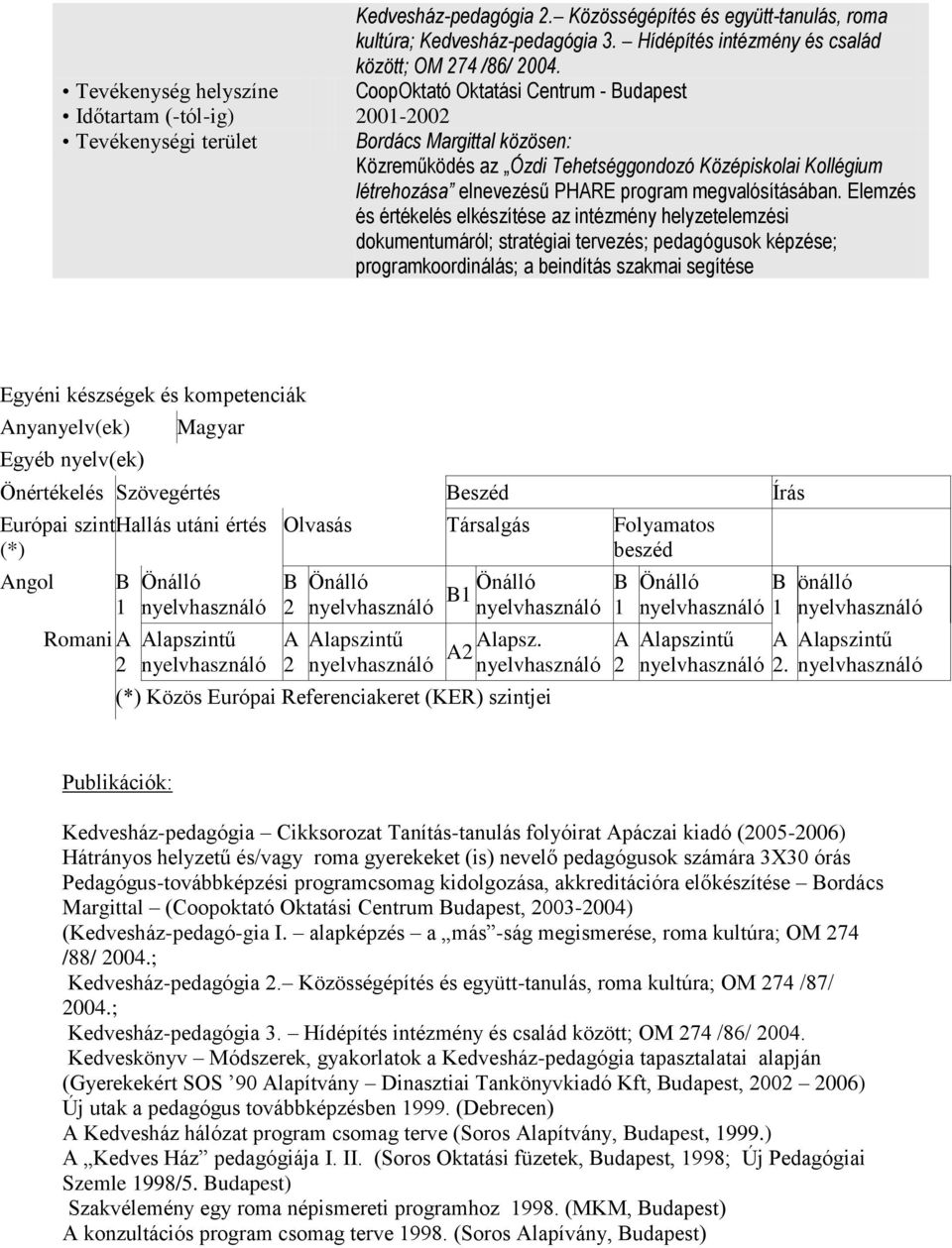 CoopOktató Oktatási Centrum - udapest ordács Margittal közösen: Közreműködés az Ózdi Tehetséggondozó Középiskolai Kollégium létrehozása elnevezésű PHARE program megvalósításában.