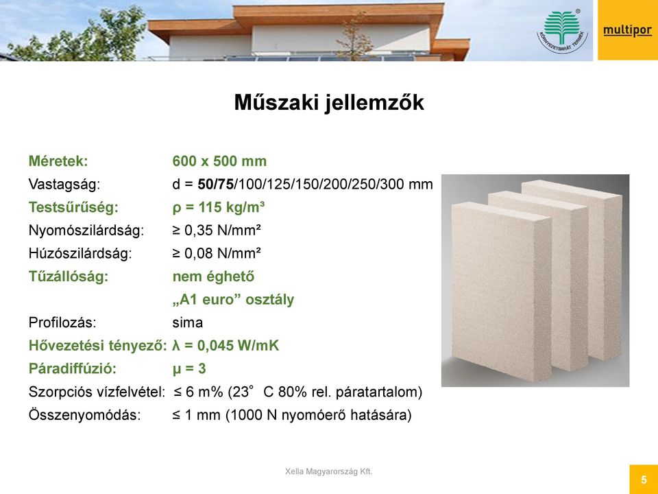 nem éghető A1 euro osztály Profilozás: sima Hővezetési tényező: λ = 0,045 W/mK Páradiffúzió: μ =