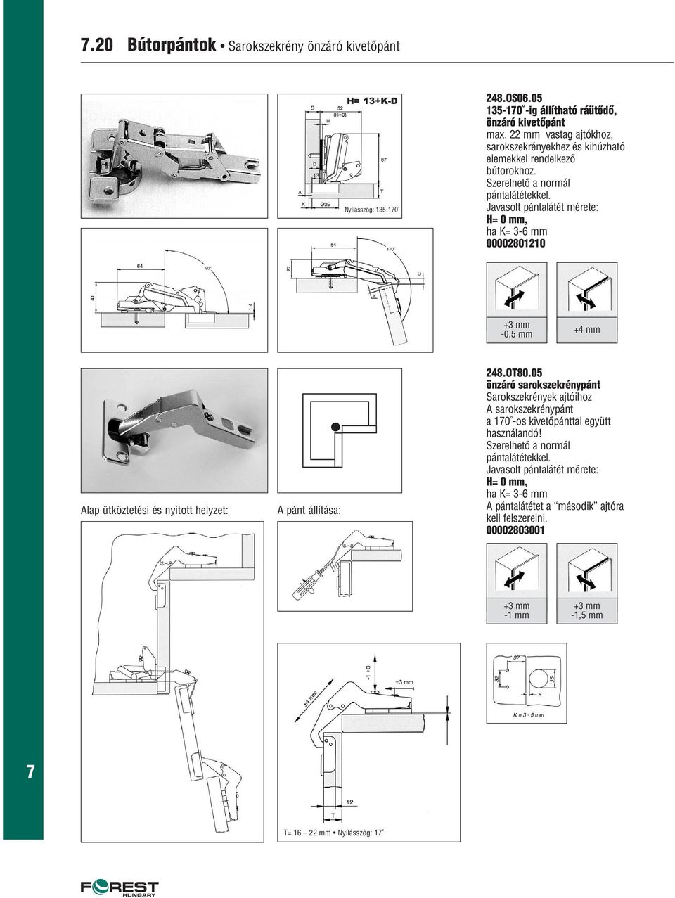 Javasolt pántalátét mérete: H= 0 mm, ha K= 3-6 mm 00002801210 +3 mm -0,5 mm +4 mm Alap ütköztetési és nyitott helyzet: A pánt állítása: 248.OT80.