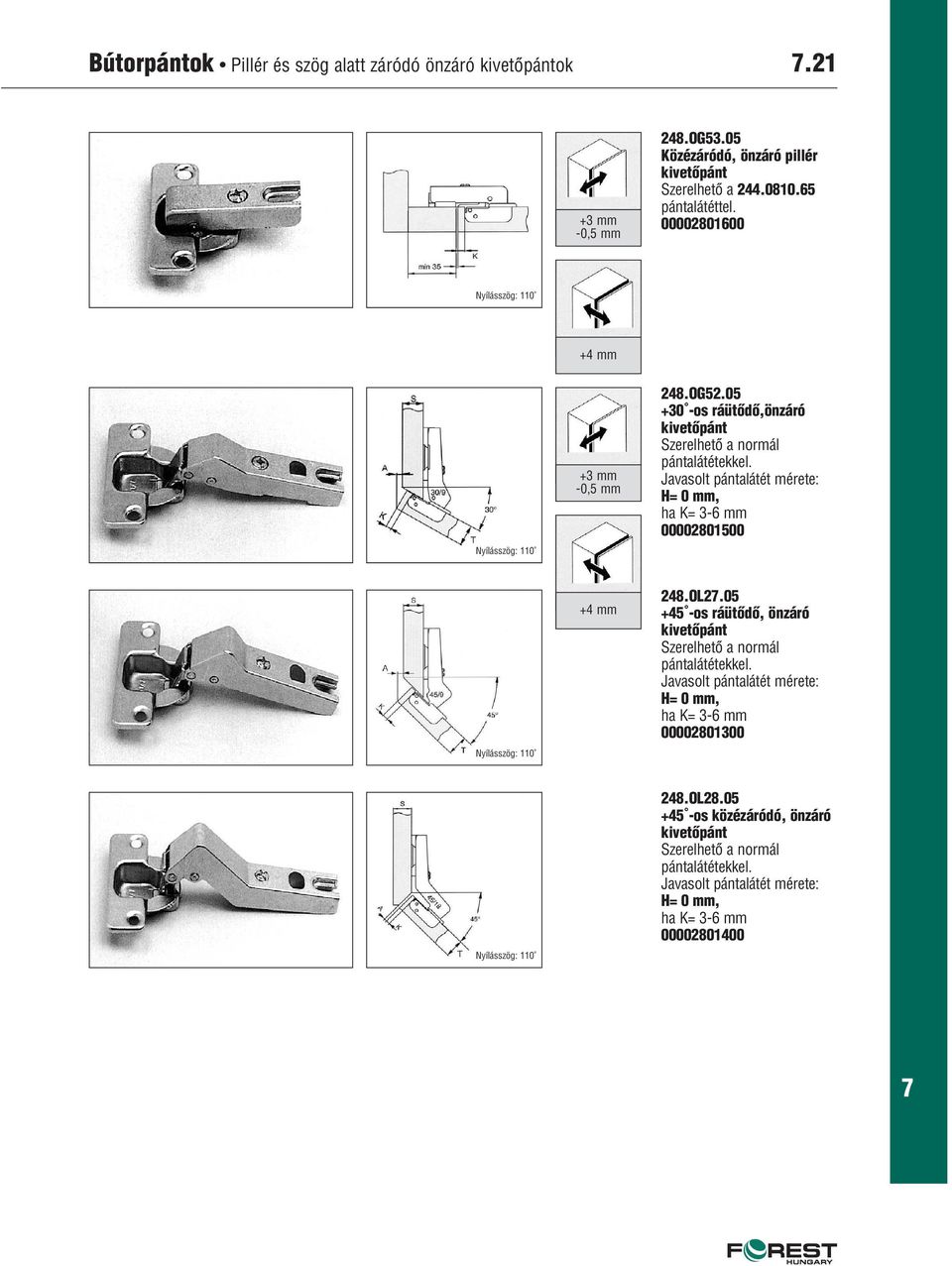 Javasolt pántalátét mérete: H= 0 mm, ha K= 3-6 mm 00002801500 Nyílásszög: 110 +4 mm 248.OL2.05 +45 -os ráütôdô, önzáró kivetôpánt Szerelhetô a normál pántalátétekkel.