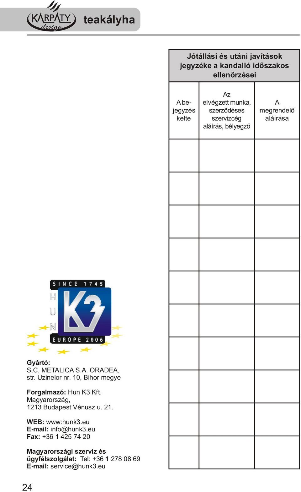Uzinelor nr. 10, Bihor megye Forgalmazó: Hun K3 Kft. Magyarország, 1213 Budapest Vénusz u. 21. WEB: www:hunk3.