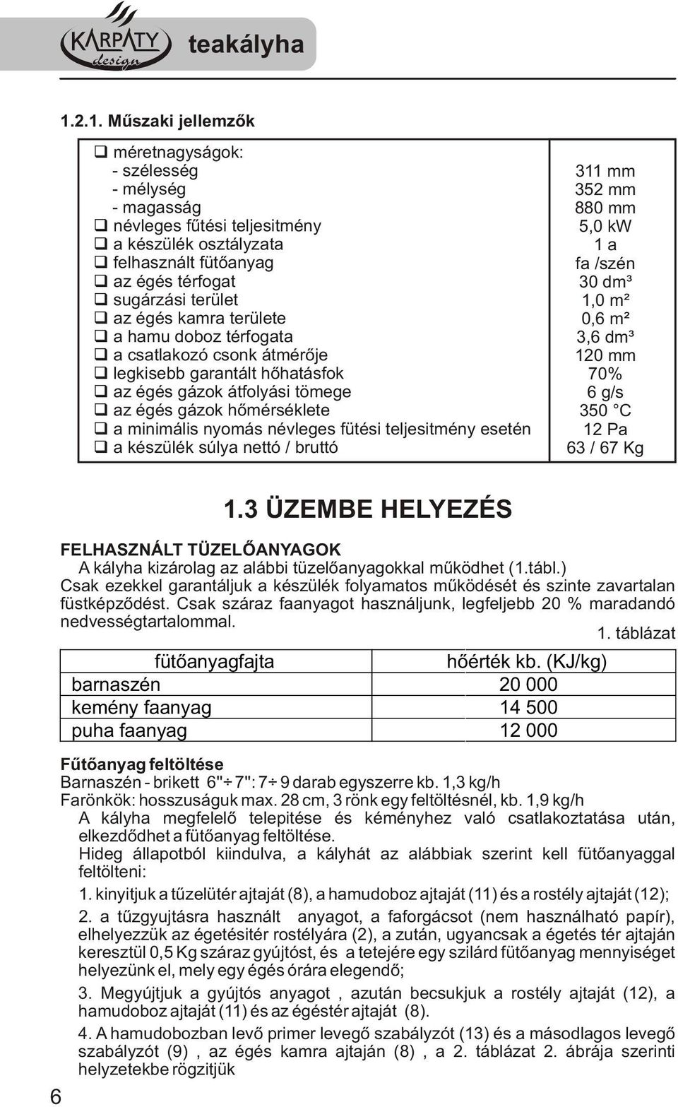 teljesitmény esetén qa készülék súlya nettó / bruttó 311 mm 352 mm 880 mm 5,0 kw 1 a fa /szén 30 dm³ 1,0 m² 0,6 m² 3,6 dm³ 120 mm 70% 6 g/s 350 C 12 Pa 63 / 67 Kg 1.