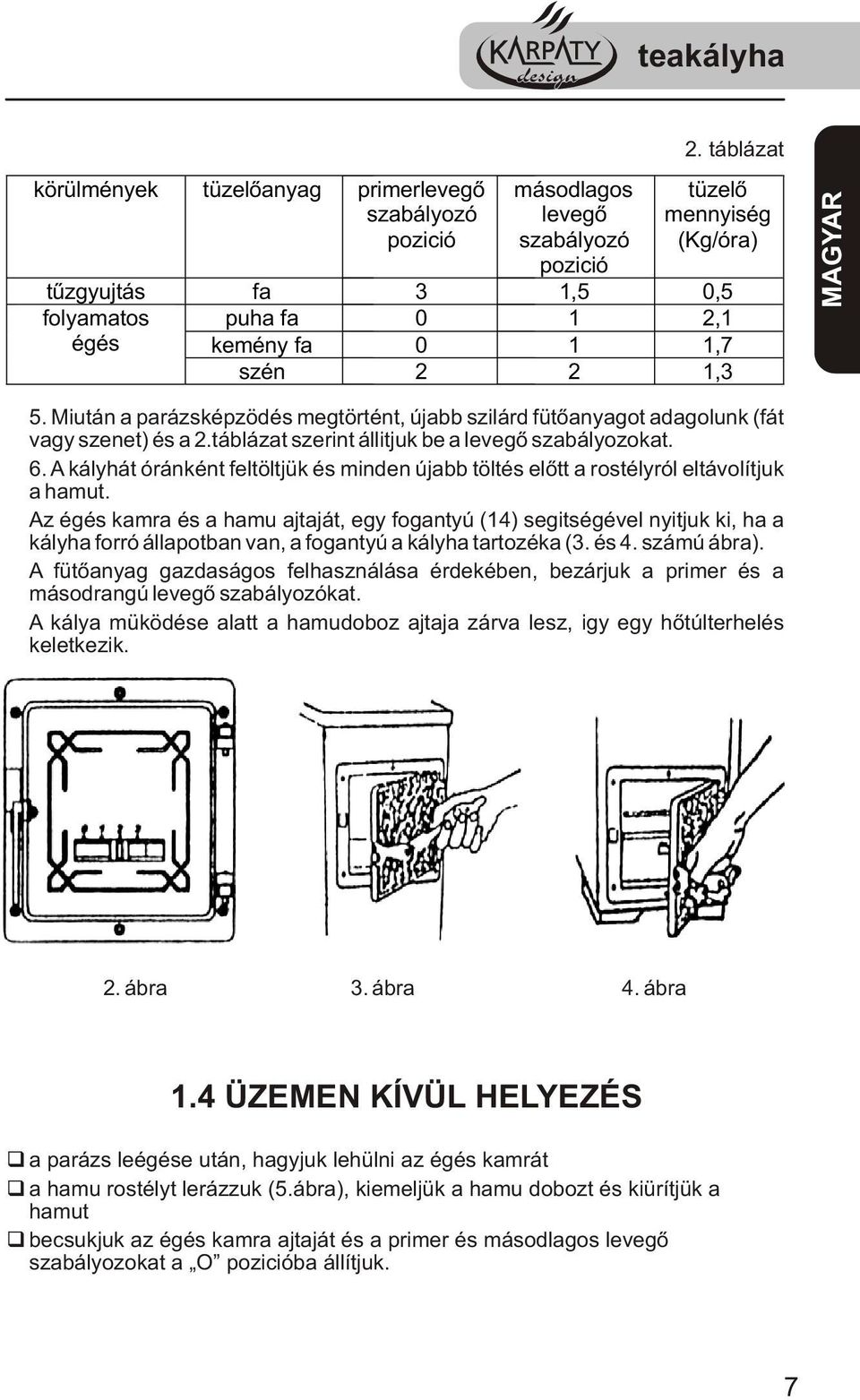 Miután a parázsképzödés megtörtént, újabb szilárd fütőanyagot adagolunk (fát vagy szenet) és a 2.táblázat szerint állitjuk be a levegő szabályozokat. 6.