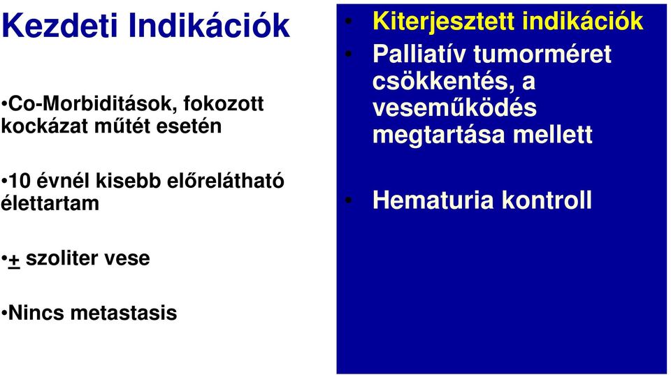 indikációk Palliatív tumorméret csökkentés, a veseműködés