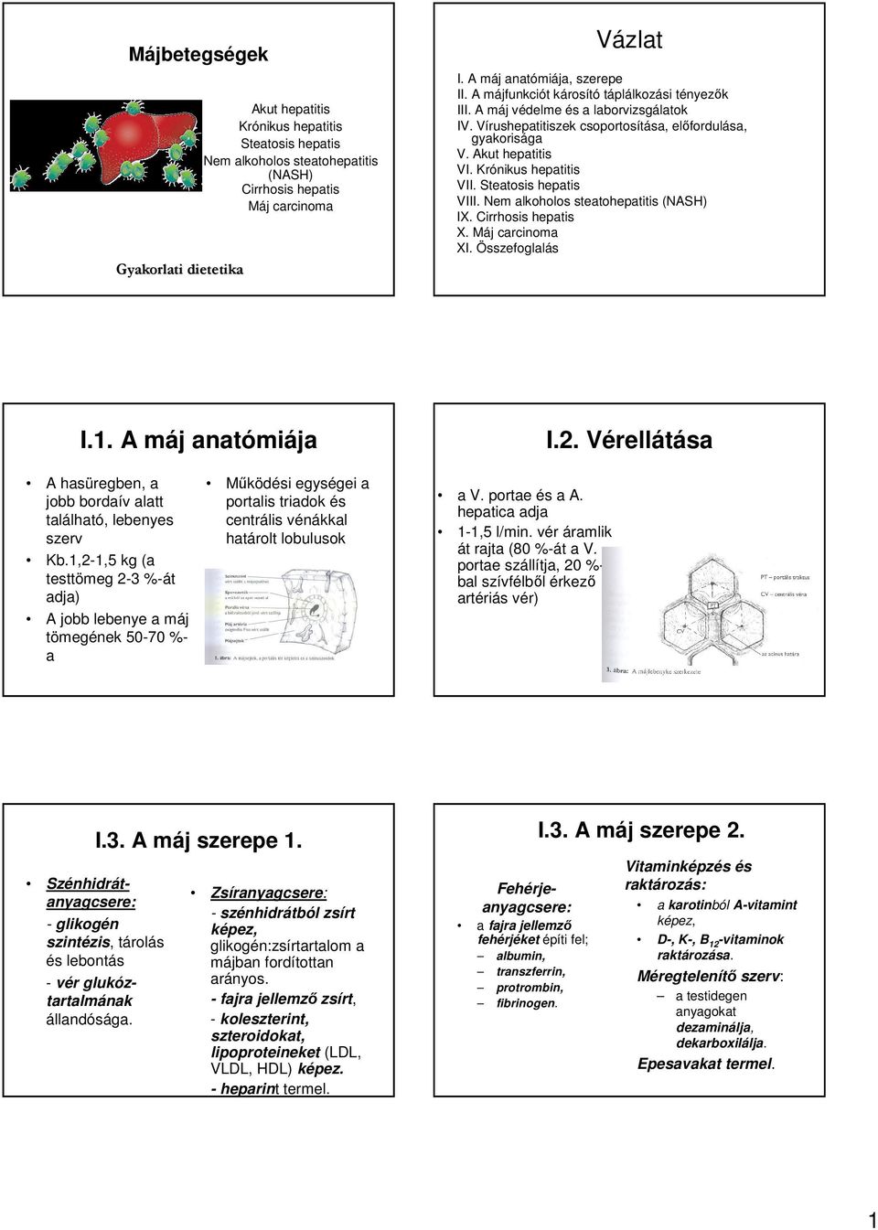 Vázlat. I.1. A máj anatómiája. I.2. Vérellátása. I.3. A máj szerepe 2. I.3.  A máj szerepe 1. Májbetegségek. Gyakorlati dietetika - PDF Ingyenes letöltés