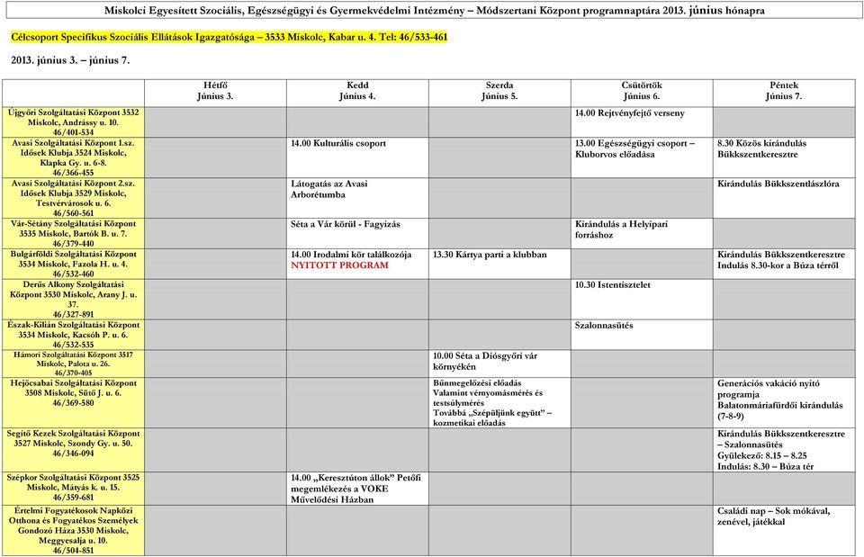 46/401-534 Avasi Szolgáltatási Központ 1.sz. Idősek Klubja 3524 Miskolc, Klapka Gy. u. 6-8. 46/366-455 Avasi Szolgáltatási Központ 2.sz. Idősek Klubja 3529 Miskolc, Testvérvárosok u. 6. 46/560-561 Vár-Sétány Szolgáltatási Központ 3535 Miskolc, Bartók B.