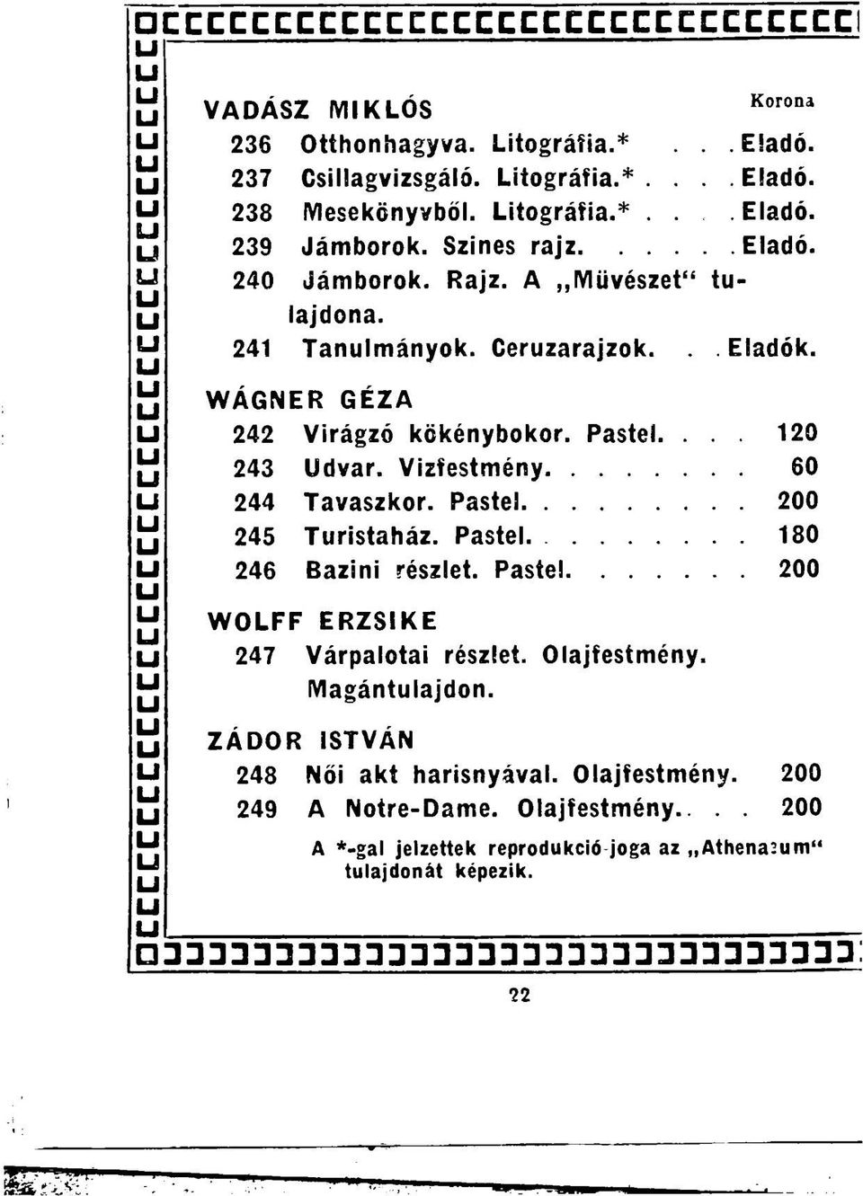 Vizfestméy 60 244 Tavaszkor. Pastel 200 245 Tristaház. Pastel 180 246 Bazii részlet. Paste! 200 WOLFF ERZSIKE 247 Várpalotai részlet.