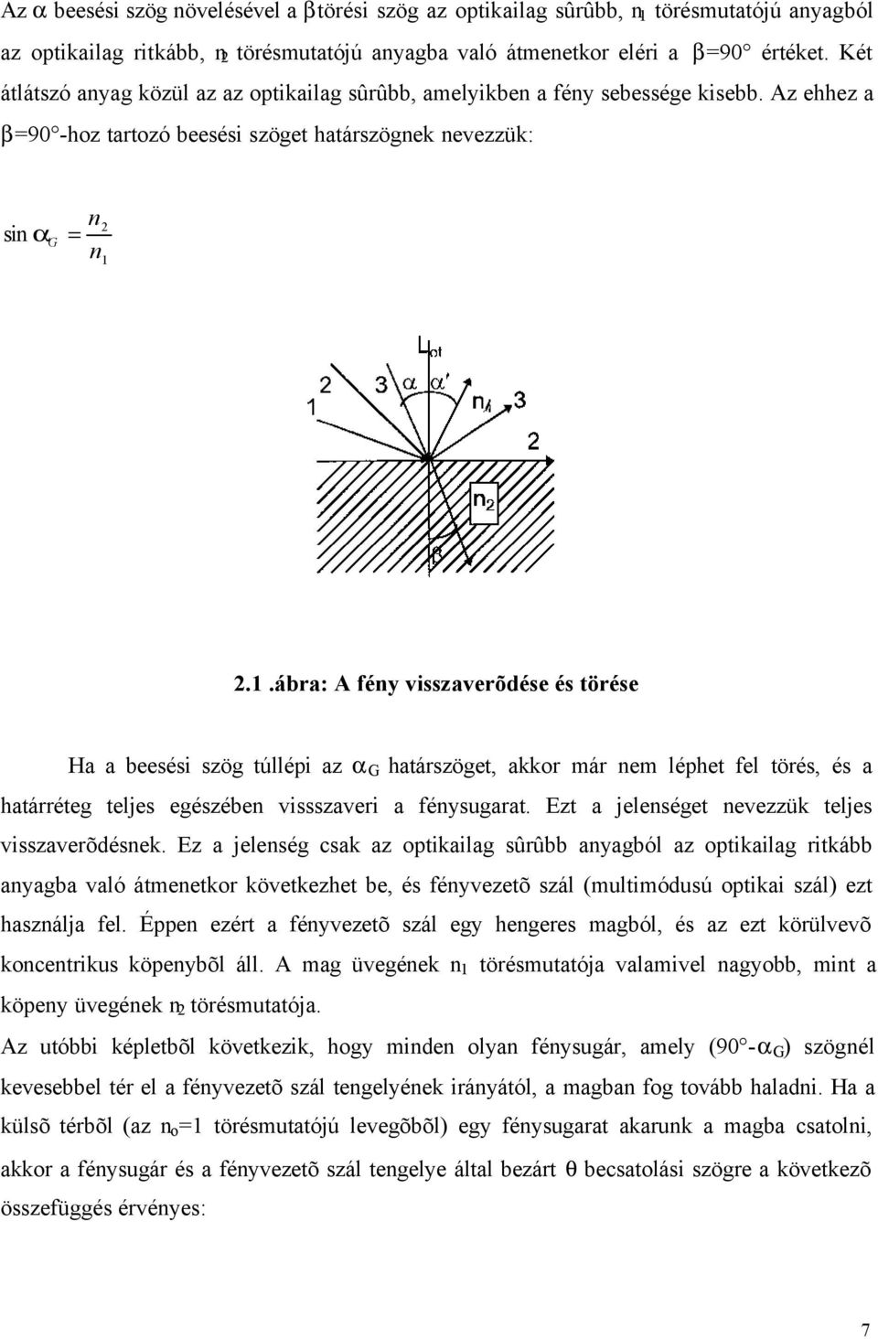 2.1.ábra: A fény visszaverõdése és törése Ha a beesési szög túllépi az α G határszöget, akkor már nem léphet fel törés, és a határréteg teljes egészében vissszaveri a fénysugarat.