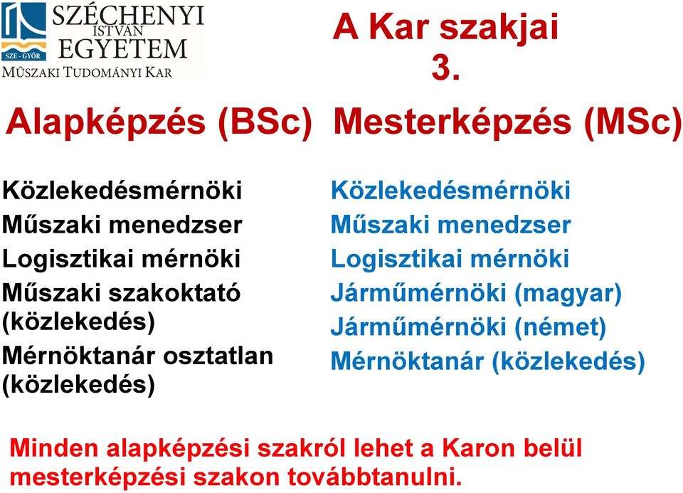 Mesterképzés (MSc) Közlekedésmérnöki Műszaki menedzser Logisztikai mérnöki Járműmérnöki