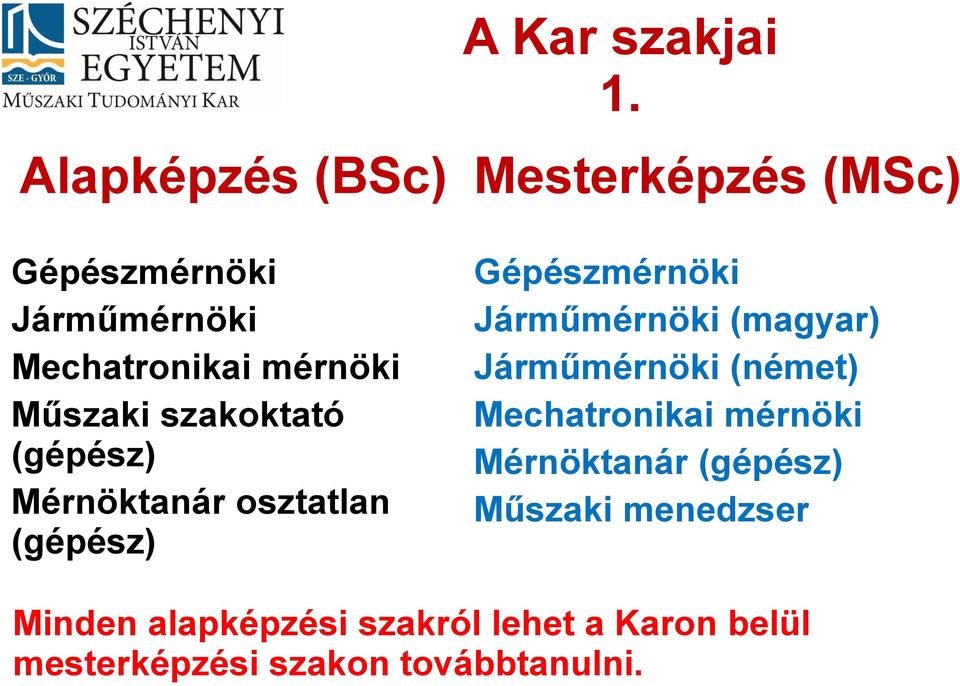 (gépész) Mérnöktanár osztatlan (gépész) Mesterképzés (MSc) Gépészmérnöki Járműmérnöki