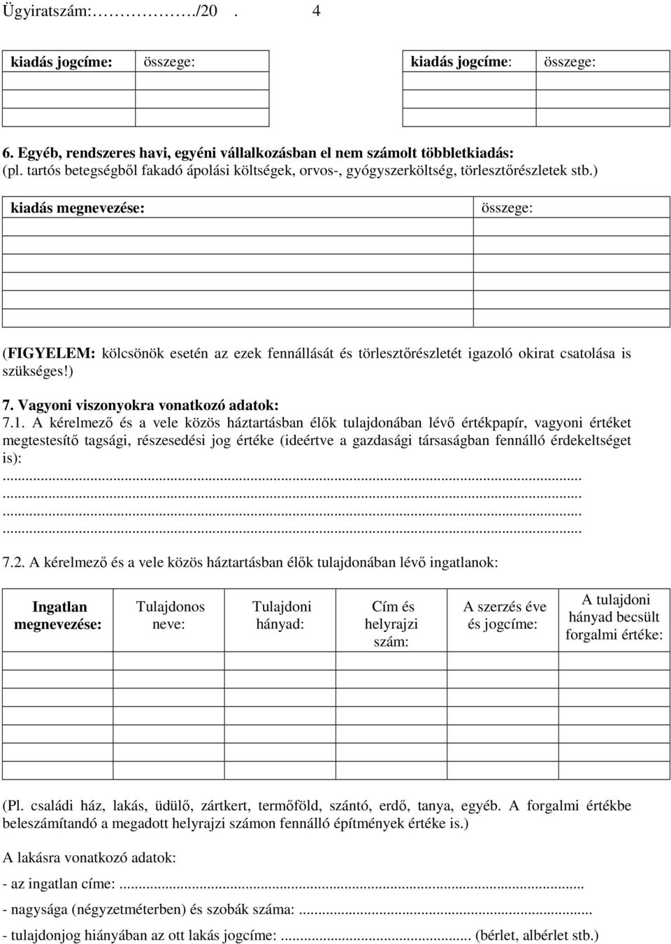 ) kiadás megnevezése: összege: (FIGYELEM: kölcsönök esetén az ezek fennállását és törlesztőrészletét igazoló okirat csatolása is szükséges!) 7. Vagyoni viszonyokra vonatkozó adatok: 7.1.