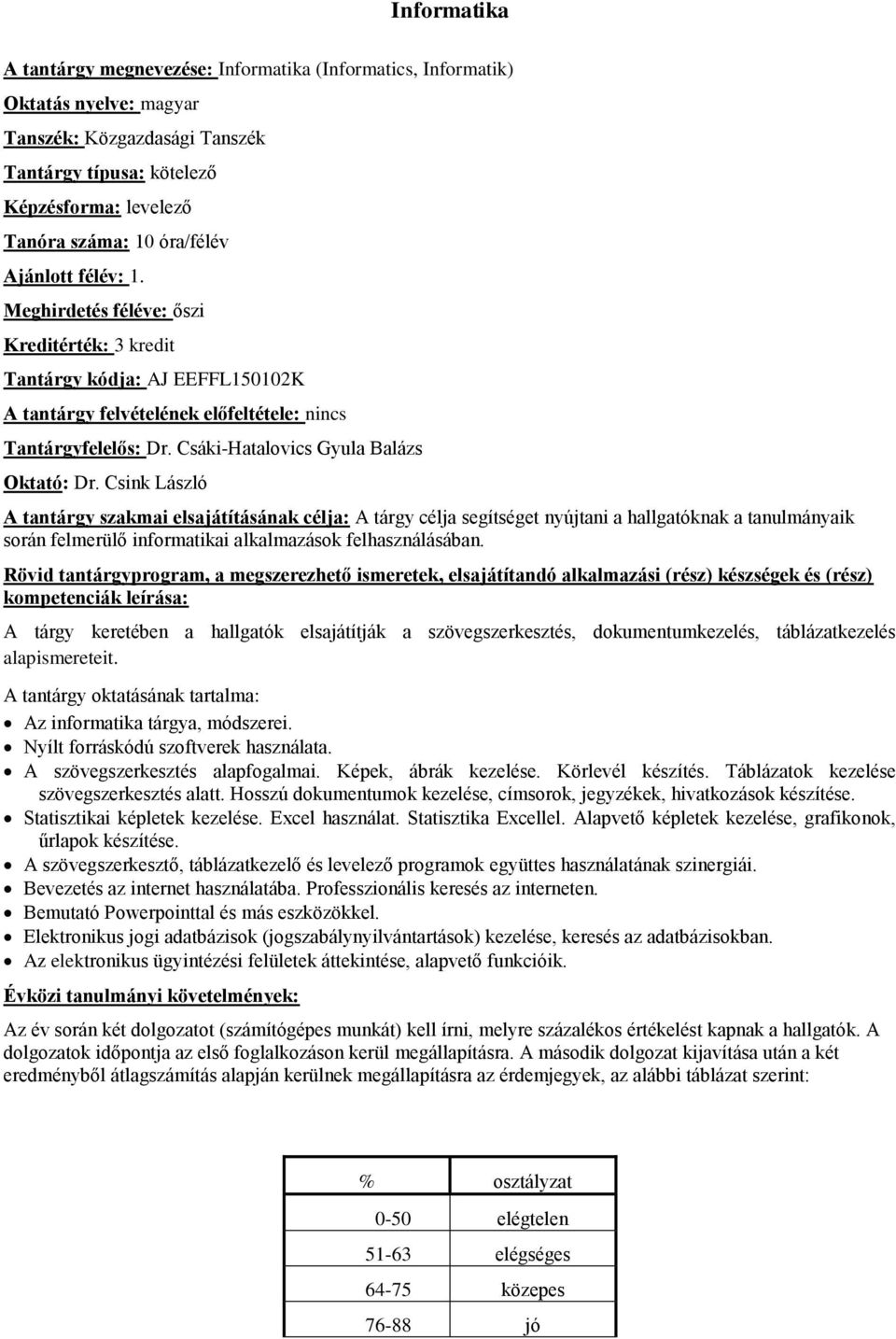 Csink László A tárgy célja segítséget nyújtani a hallgatóknak a tanulmányaik során felmerülő informatikai alkalmazások felhasználásában.