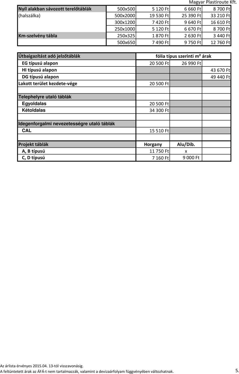 Egyoldalas Kétoldalas Idegenforgalmi nevezetességre utaló táblák CAL Projekt táblák A, B típusú C, D típusú fólia típus szerinti m² árak 20500 Ft 26990 Ft 43670 Ft 49440 Ft 20500 Ft 20 500 Ft 34 300