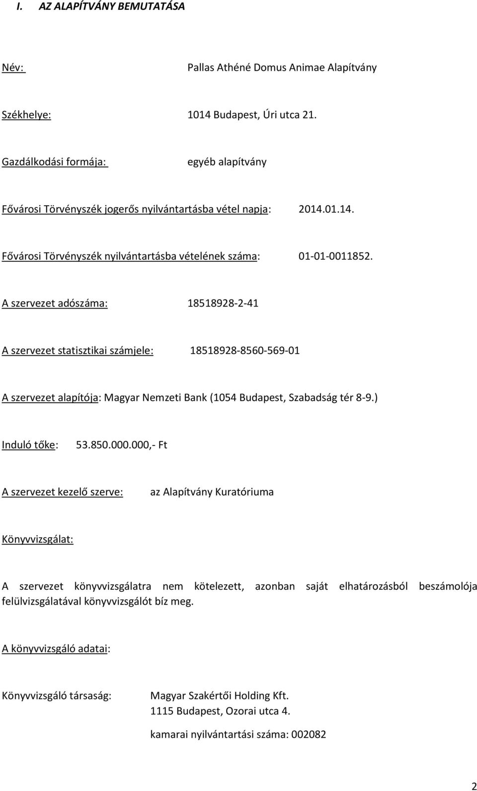 A szervezet adószáma: 18518928-2-41 A szervezet statisztikai számjele: 18518928-8560-569-01 A szervezet alapítója: Magyar Nemzeti Bank (1054 Budapest, Szabadság tér 8-9.) Induló tőke: 53.850.000.