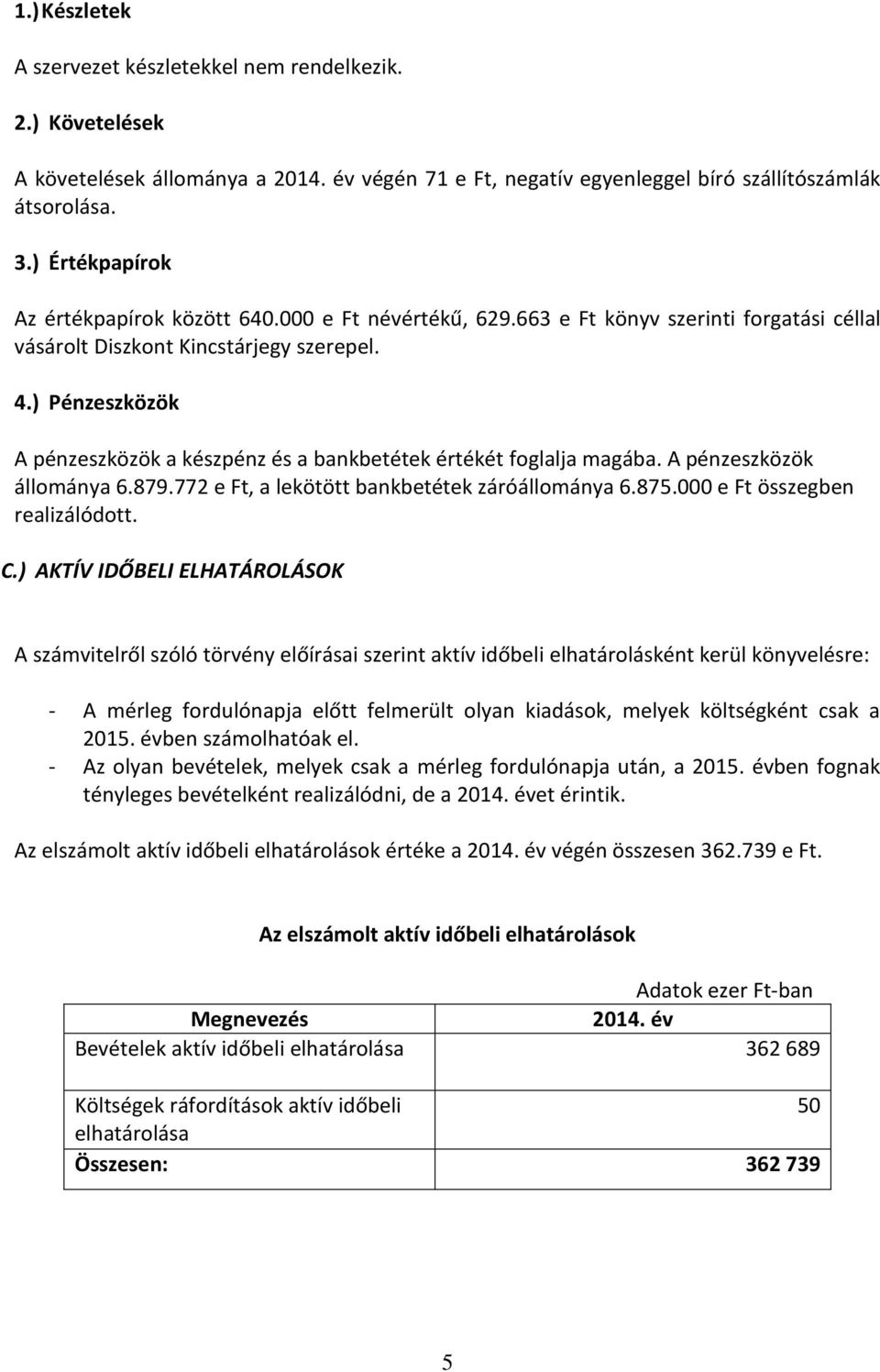 ) Pénzeszközök A pénzeszközök a készpénz és a bankbetétek értékét foglalja magába. A pénzeszközök állománya 6.879.772 e Ft, a lekötött bankbetétek záróállománya 6.875.000 e Ft összegben realizálódott.