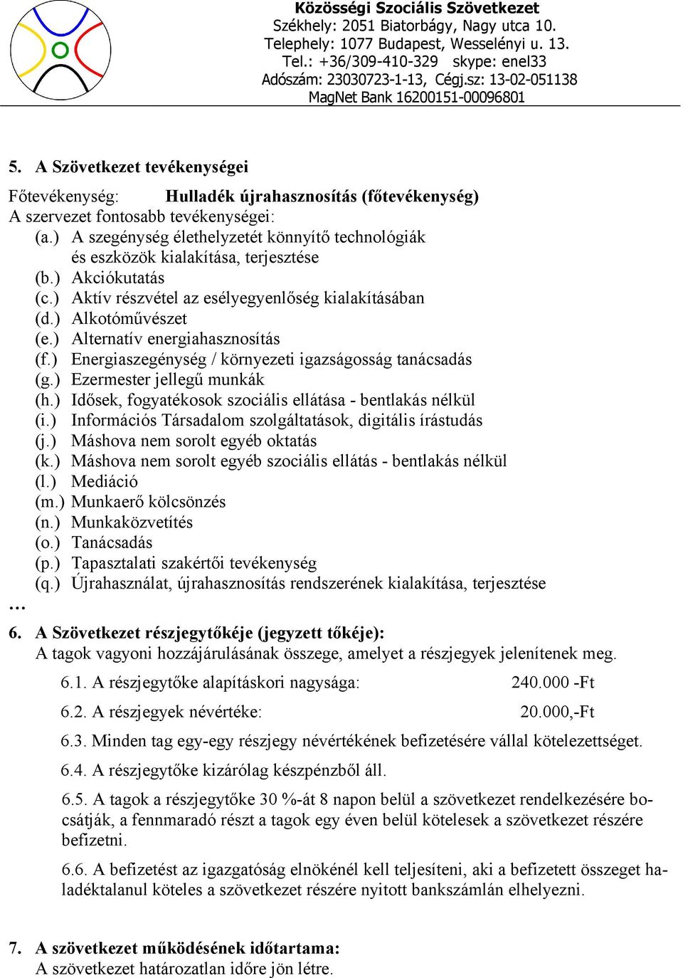 ) Alternatív energiahasznosítás (f.) Energiaszegénység / környezeti igazságosság tanácsadás (g.) Ezermester jellegű munkák (h.) Idősek, fogyatékosok szociális ellátása - bentlakás nélkül (i.