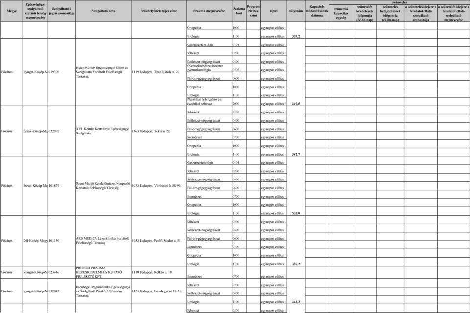 Gyermeksebészet ideértve gyermekurológia 0506 egynapos ellátás Plasztikai helyreállító és esztétikai sebészet 2000 egynapos ellátás 349,5 Észak-Közép-Magyarország 022997 XVI.