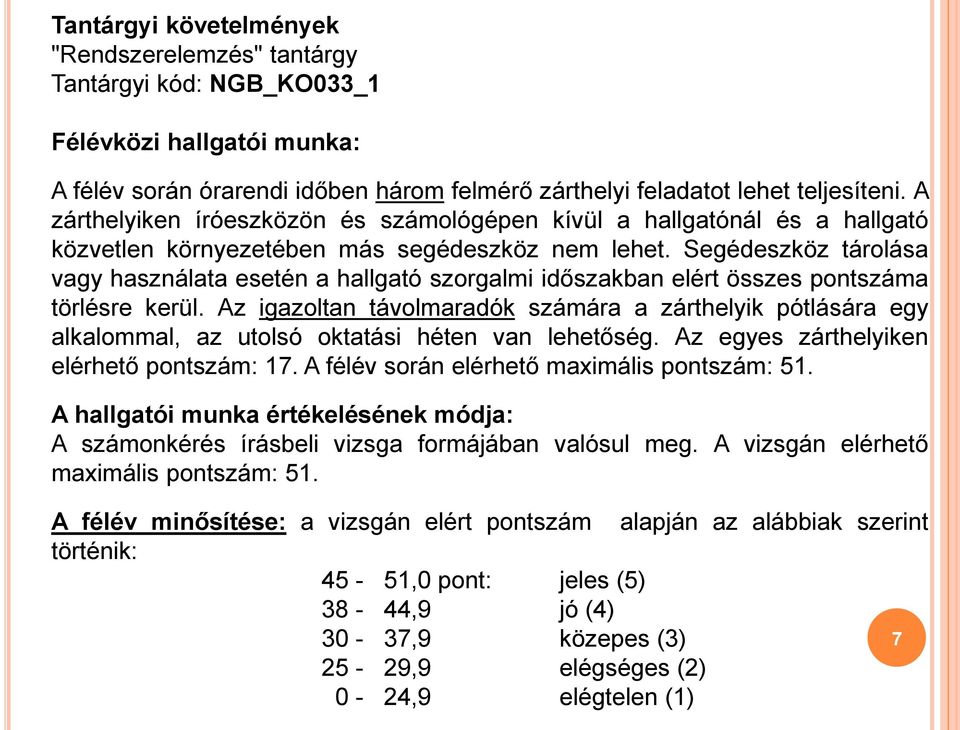 Segédeszköz tárolása vagy használata esetén a hallgató szorgalmi időszakban elért összes pontszáma törlésre kerül.