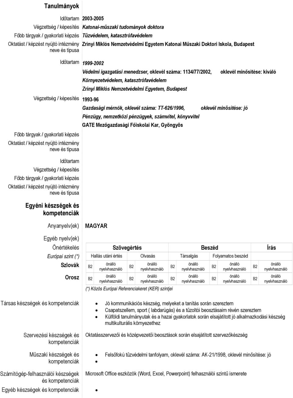 Nemzetvédelmi Egyetem, Budapest oklevél minősítése: kiváló Végzettség / képesítés 1993-96 Gazdasági mérnök, oklevél száma: TT-626/1996, oklevél minősítése: jó Pénzügy, nemzetközi pénzügyek,