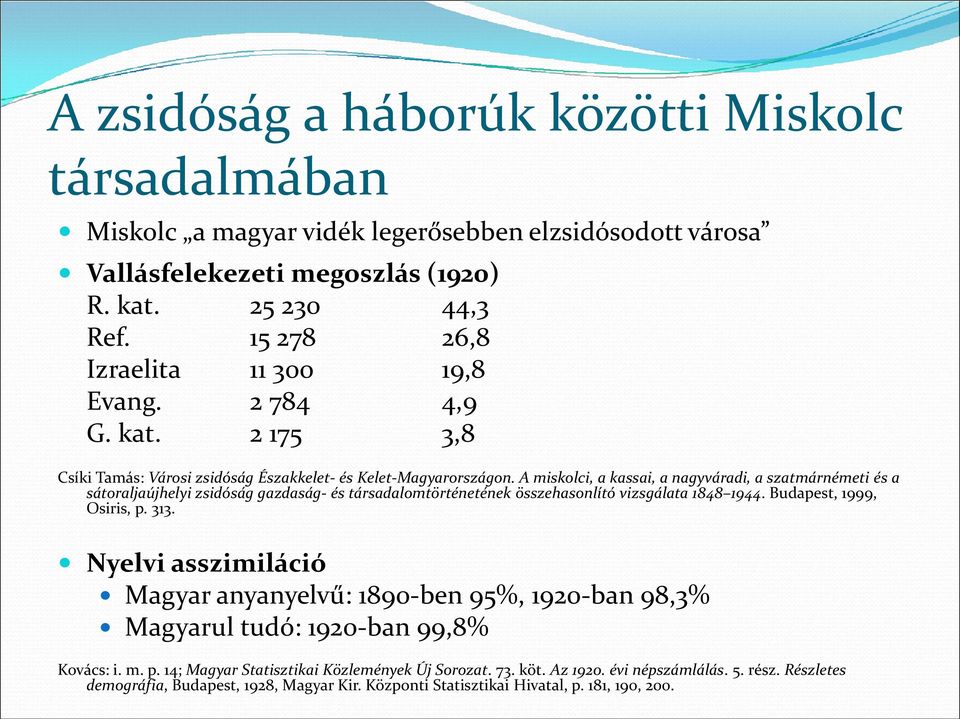 A miskolci, a kassai, a nagyváradi, a szatmárnémeti és a sátoraljaújhelyi zsidóság gazdaság- és társadalomtörténetének összehasonlító vizsgálata 1848 1944. Budapest, 1999, Osiris, p. 313.