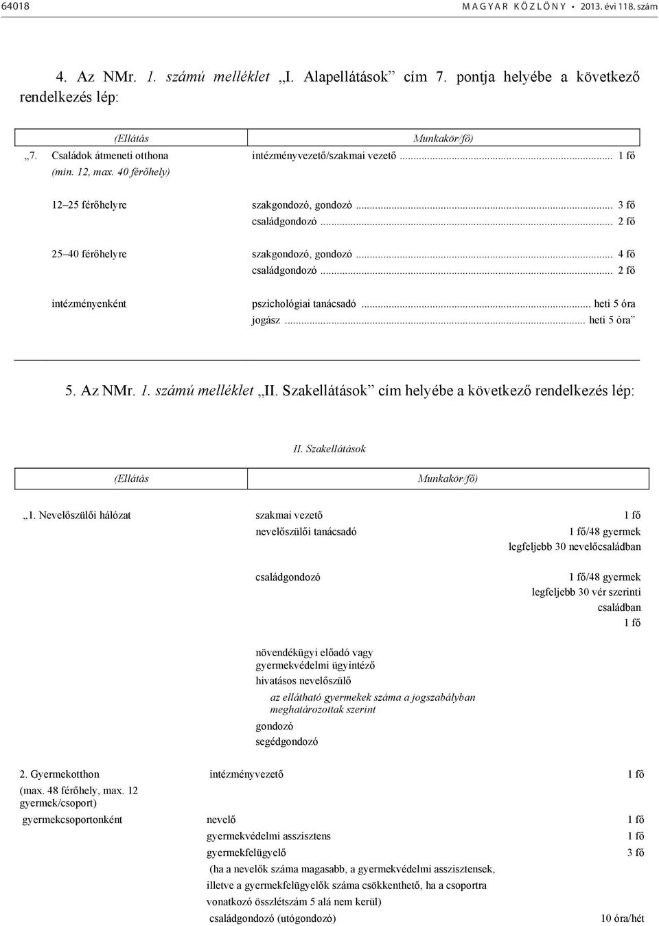 .. 4 fő családgondozó... 2 fő intézményenként pszichológiai tanácsadó... heti 5 óra jogász... heti 5 óra 5. Az NMr. 1. számú melléklet II. Szakellátások cím helyébe a következő rendelkezés lép: II.