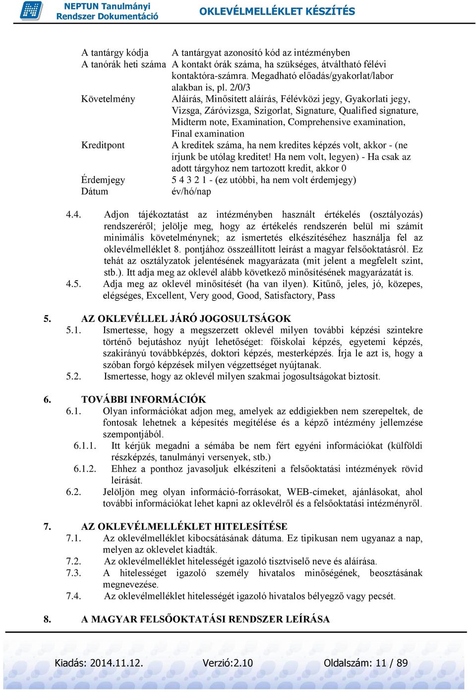2/0/3 Követelmény Aláírás, Minősített aláírás, Félévközi jegy, Gyakorlati jegy, Vizsga, Záróvizsga, Szigorlat, Signature, Qualified signature, Midterm note, Examination, Comprehensive examination,