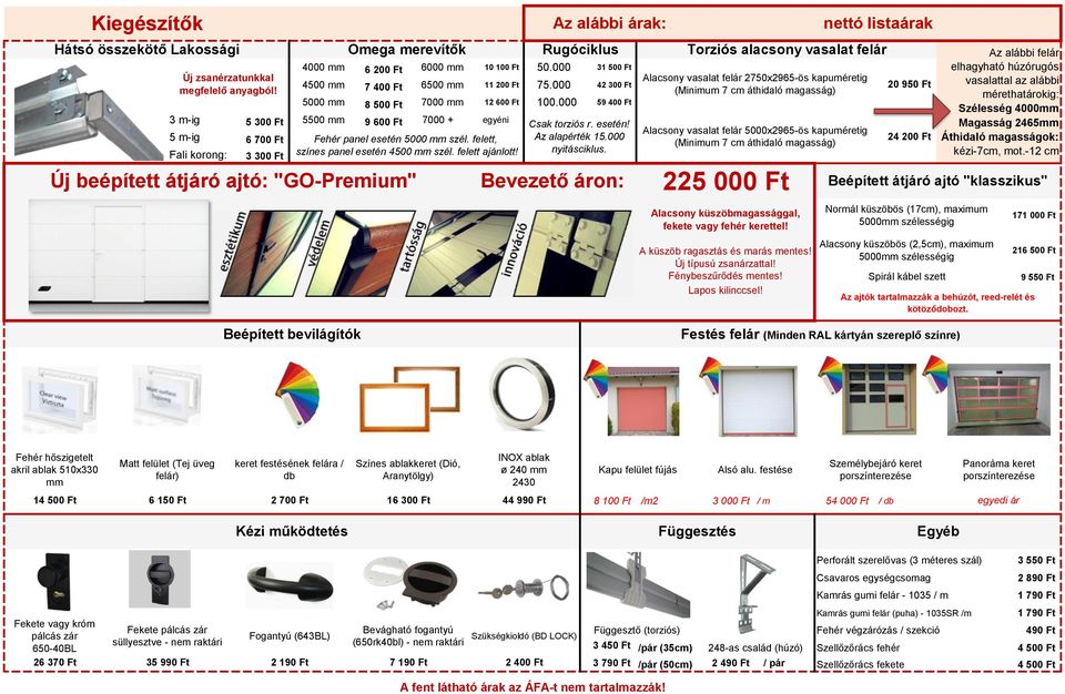 felett, színes panel esetén 4500 mm szél. felett ajánlott! Új beépített átjáró ajtó: "GO-Premium" Rugóciklus Csak torziós r. esetén! Az alapérték 15.000 nyitásciklus.