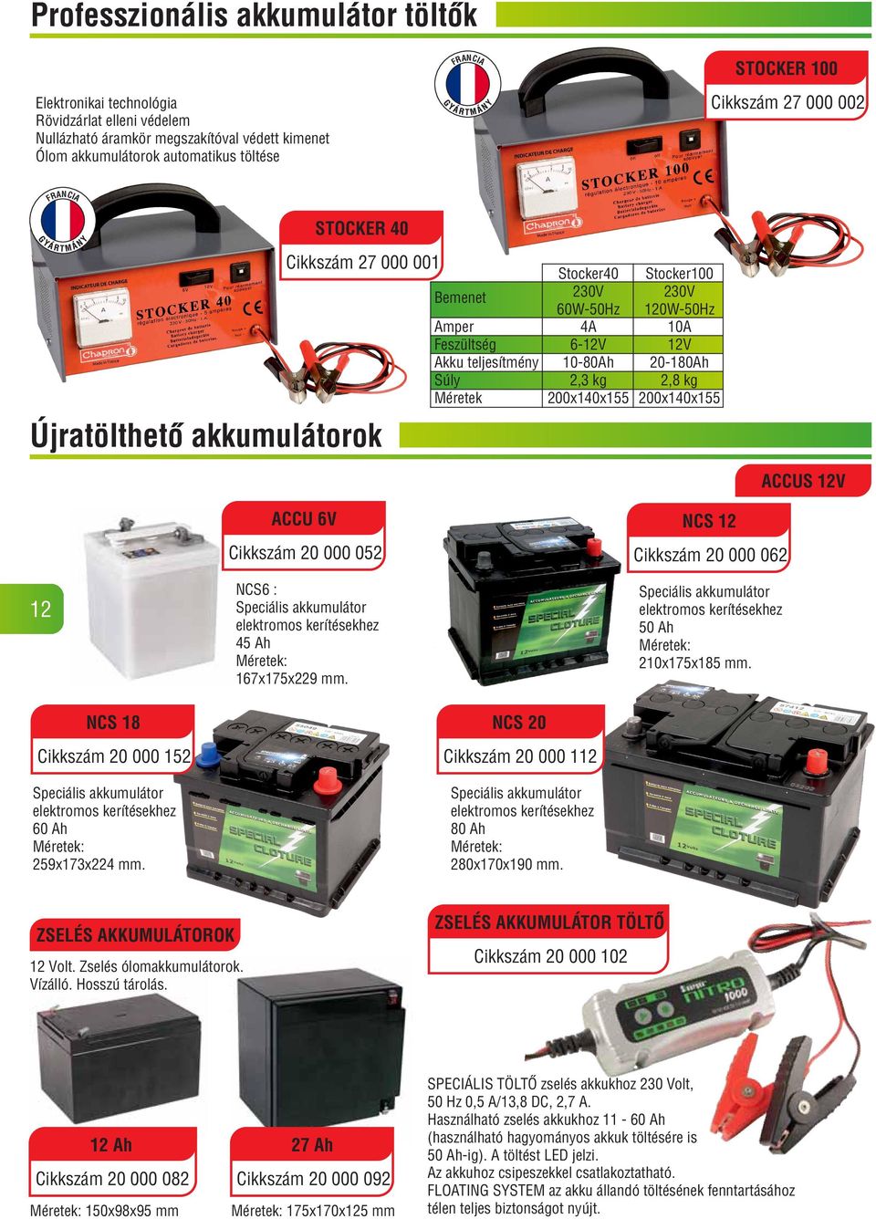 120W-50Hz 10A 12V 20-180Ah 2,8 kg 200x140x155 ACCUS 12V 12 ACCU 6V Cikkszám 20 000 052 NCS6 : Speciális akkumulátor elektromos kerítésekhez 45 Ah Méretek: 167x175x229 mm.